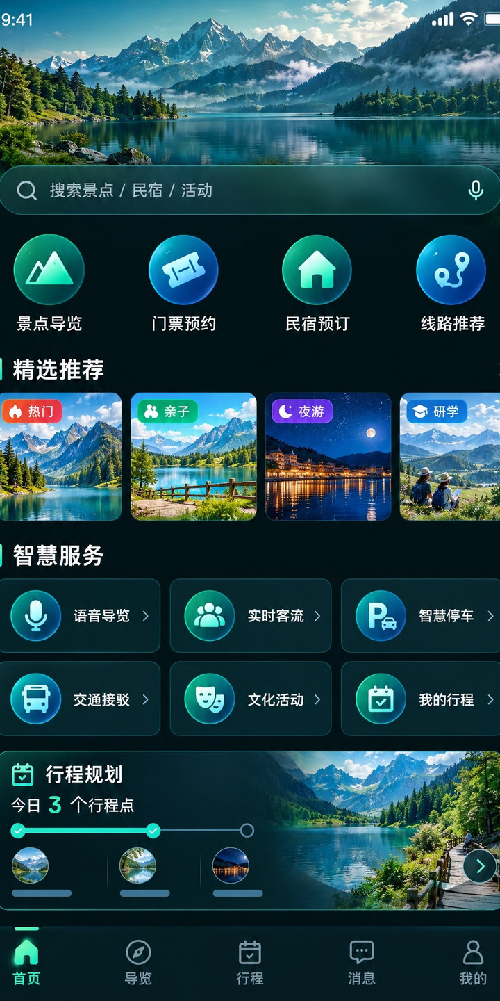 智慧文旅移动端首页：搜索景点 · 民宿 · 活动，聚合景点导览、门票预约、民宿预订与线路推荐入口