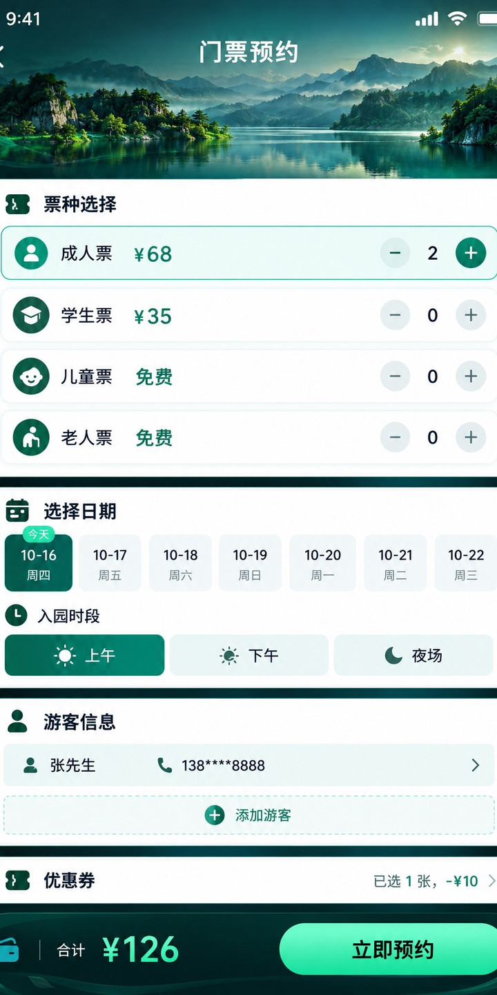 智慧文旅移动端门票预约：票种选择、分时段入园、游客信息登记与优惠券抵扣